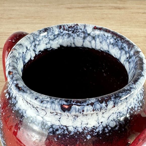 Studio Art Pottery Vase Two Handles Red Navy White Drip Glaze Splatter Squiggly - Picture 7 of 14